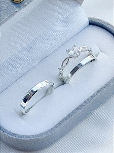 Par de Aliança Holanda e Chanfrada + Solitário love cristal - Prata 950