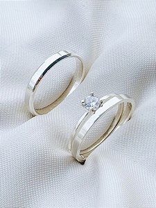 Par de Aliança Holanda e Chanfrada + Solitário Encanto Cristal - Prata 950