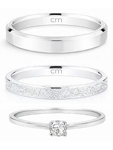 Par de Aliança Snow 2mm e chanfrada 3mm + Solitário cristal - Prata 950