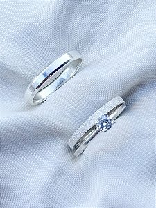 Par de Aliança Snow 2mm e chanfrada 3mm + Solitário cristal - Prata 950