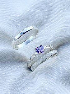 Par de Aliança Snow 2mm e chanfrada 3mm + Solitário love Roxo - Prata 950