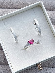 Par de aliança diamantada 2mm + solitário Snow rosa - Prata 950