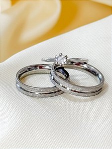 Par de Aliança Delicate + Solitário Cristal - Aço Inox