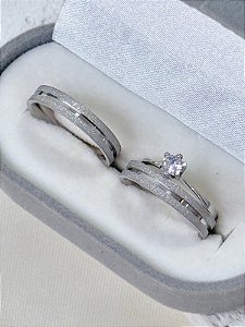 Par de Aliança Delicate + Solitário Cristal - Aço Inox