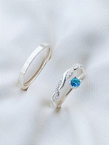 Par de Aliança Mônaco com pedra e Holanda + Solitário encanto azul claro - Prata 950