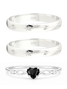 Par de aliança Moscou + Solitário Love black - Prata 950