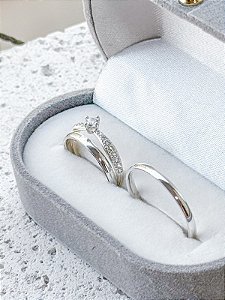 Par de Aliança Julieta 2mm + Solitário Cinderela - Prata 950