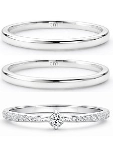 Par de Aliança Julieta 2mm + Solitário Cinderela - Prata 950