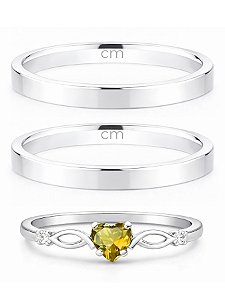 Par de Aliança Holanda 2mm + Solitário Love Amarelo - Prata 950