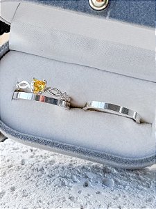 Par de Aliança Holanda 2mm + Solitário Love Amarelo - Prata 950