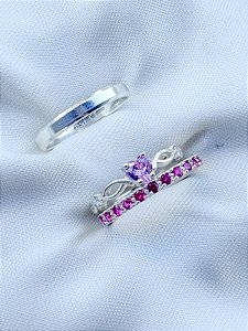 Par de aliança Nobre Chanfrada + Solitário Rapunzel rosa - Prata 950