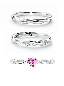 Par de Aliança Mônaco com pedra + Solitário Love rosa Escuro - Prata 950