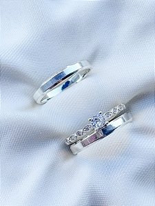 Par de Aliança Chanfrada + Solitário Star - Prata 950