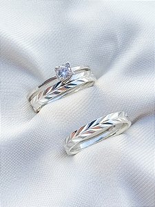 Par de Aliança Romana + Solitário Encanto cristal - Prata 950