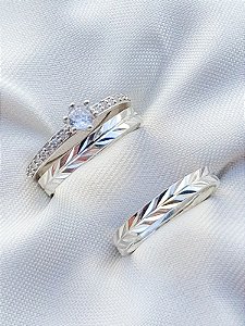 Par de Aliança Romana + Solitário Romantic cristal - Prata 950