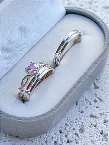 Par de Aliança Romênia 4mm + Solitário Love - Prata 950