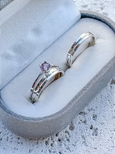 Par de Aliança Romênia 4mm + Solitário Encanto Roxo - Prata 950