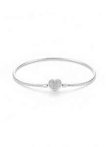 Pulseira Berloque Coração Cravejado - Folheado a prata