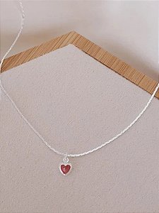 Choker fita coração rosa - Folheado a prata