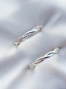 Par de Aliança Mônaco com pedra rosa - Prata 950