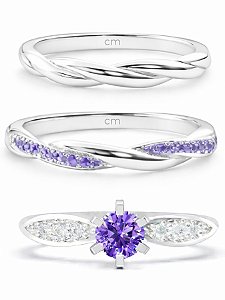 Par de Aliança Mônaco com pedra roxo + Solitário Ely- Prata 950