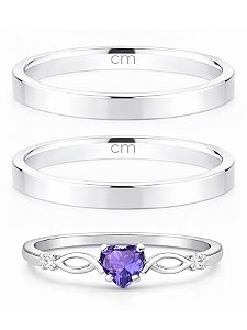 Par de Aliança Holanda 2mm + Solitário Love Roxo - Prata 950