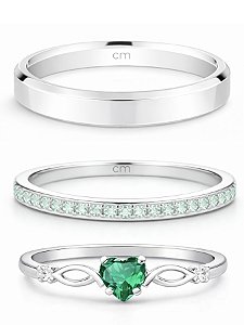 Par de alianças Polônia com pedra verde + Solitário Romantic - Prata 950