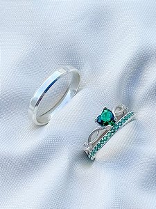 Par de alianças Polônia com pedra verde + Solitário Romantic - Prata 950