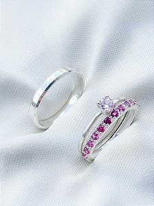 Par de aliança Pace rosa + Solitário encanto rosa - Prata 950