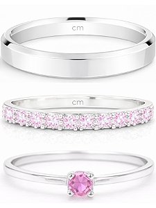 Par de aliança Pace rosa + Solitário encanto rosa - Prata 950