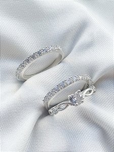 Par de Aliança Pace + solitário cristal love - Prata 950