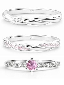 Par de Aliança Mônaco com pedra + Solitário Romantic Rosa - Prata 950