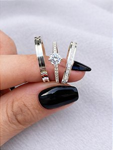 Par de aliança friso cravejado com pedra + solitario crown - Prata 950