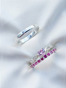 Par de aliança Pace rosa + Solitário Love rosa - Prata 950