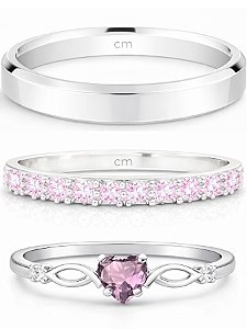 Par de aliança Pace rosa + Solitário Love rosa - Prata 950
