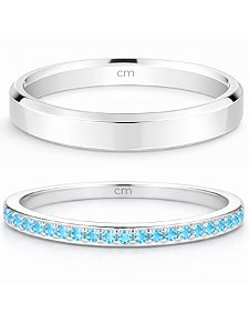 Par de aliança França chanfrada azul com pedra - Prata 950