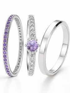 Par de Aliança Polonia com pedra chanfrada roxo + Solitário romantic - Prata 950