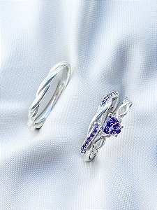 Par de Aliança Mônaco com pedra roxo + Solitário Love roxo - Prata 950