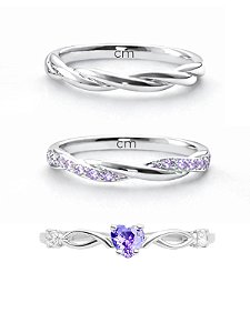 Par de Aliança Mônaco com pedra roxo + Solitário Love roxo - Prata 950