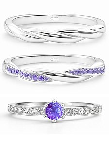 Par de Aliança Mônaco com pedra roxa + Solitário Romantic roxo - Prata 950