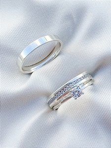 Par de Aliança Jess com pedra + solitário encanto - Prata 950