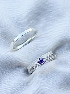 Par de Aliança Snow 2mm reto + Solitário romantic roxo - Prata 950