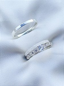 Par de Aliança snow 2mm preta + Solitário Star - Prata 950
