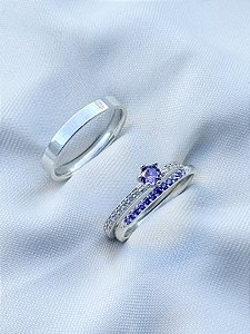 Par de alianças Polônia com pedra roxa + Solitário Romantic roxo - Prata 950
