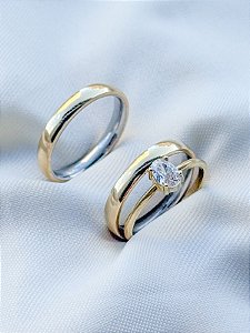 Par de Aliança Julieta 3mm + Solitário oval - Moeda Antiga