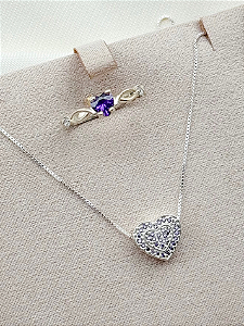 Conjunto Colar cravejado + anel Solitário Love roxo - Prata 950/925