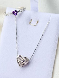 Conjunto Colar cravejado + anel Solitário Love roxo - Prata 950/925