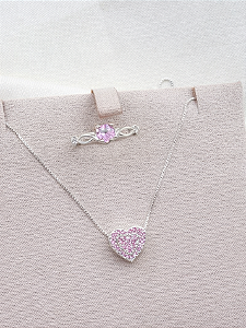 Conjunto Colar cravejado + anel Solitário Love rosa - Prata 950/925