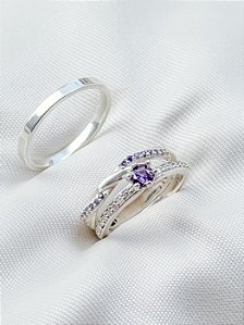Par de Aliança Mônaco com pedra roxa + Solitário Romantic roxo - Prata 950