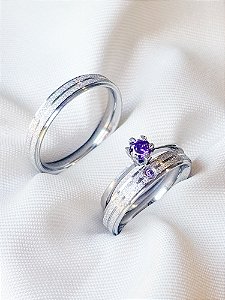 Par de Aliança Diamantada com pedra + Solitário roxo - Aço Inox